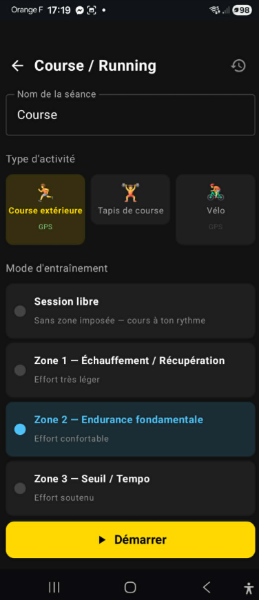 Configuration d'une séance de course par zones d'effort