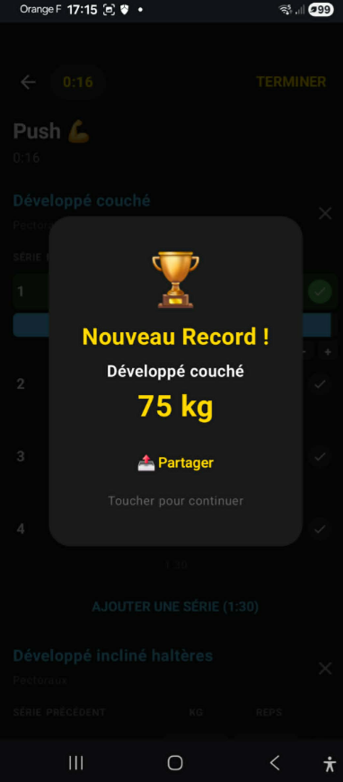 Notification de nouveau record personnel en musculation
