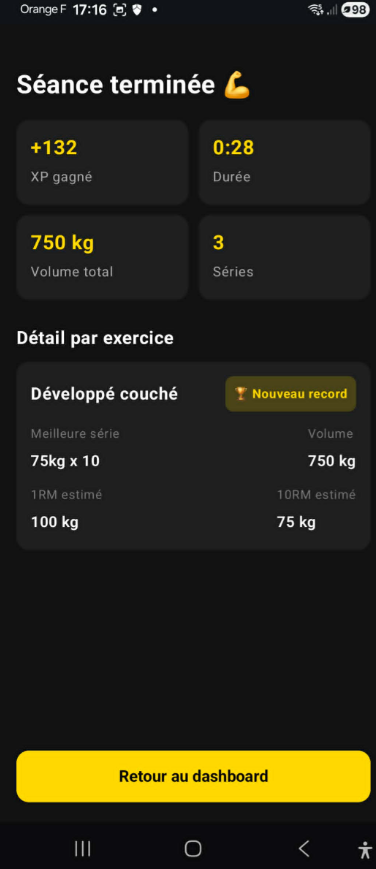 Récapitulatif de fin de séance avec XP et nouveau record